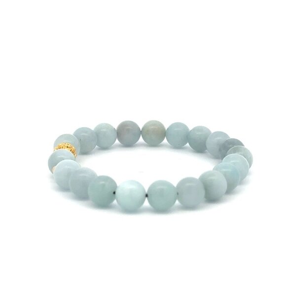 18K Gold Money Ball Lucky Charm Beads Bracelet Gemstones Aquamarine 8mm - Picture 3 of 9